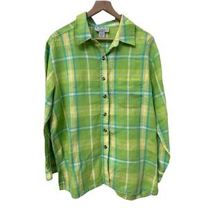 Real Comfort Linen Button Down Shirt PL Green Plaid Long Sleeve Coastal Relaxed